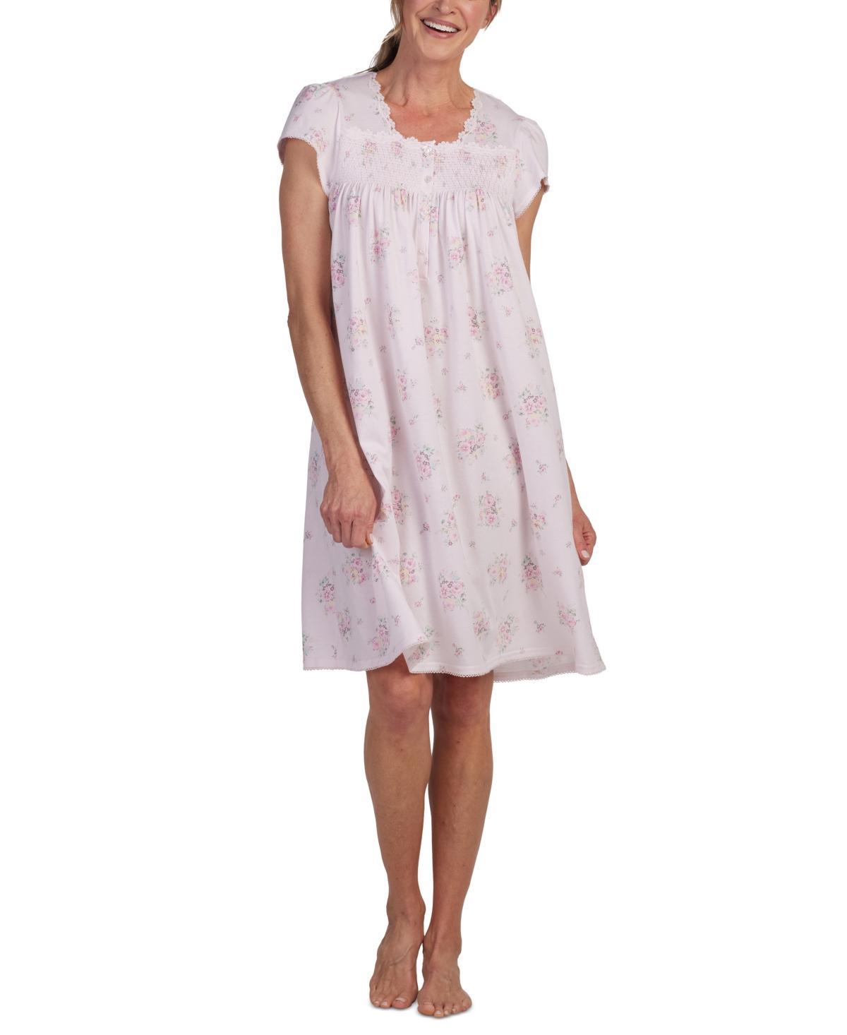 Miss Elaine Womens Smocked Floral Lace-Trim Nightgown Product Image