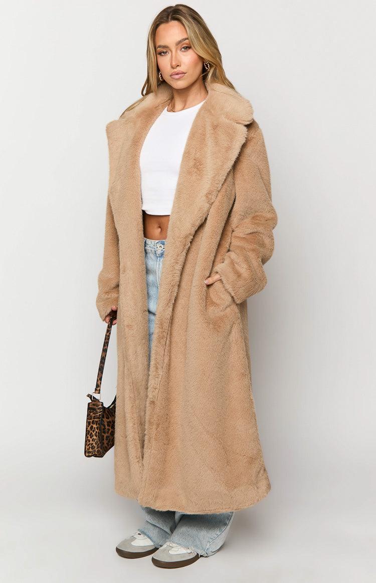 Lyrae Brown Full Length Faux Fur Coat Product Image