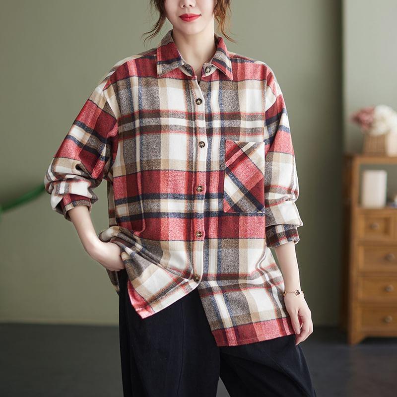 Long-Sleeve Plaid Pocket Detail Shirt Product Image