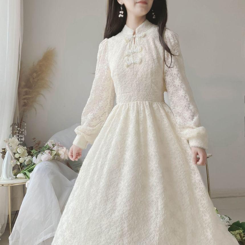 Long-Sleeve Stand Collar Faux Pearl Accent Frog Buttoned Lace Midi A-Line Dress Product Image