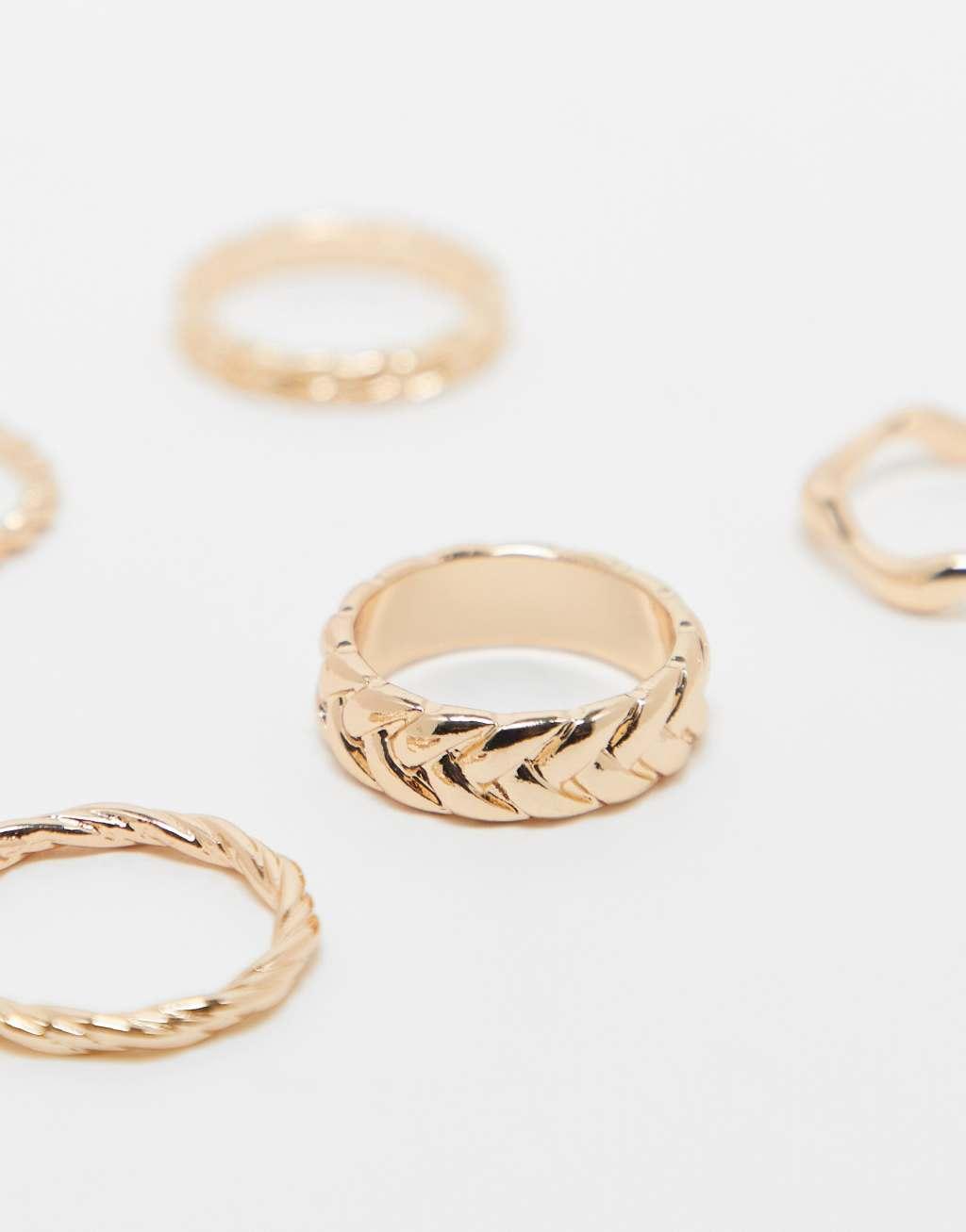 ASOS DESIGN pack of 5 rings with weave detail in gold tone Product Image