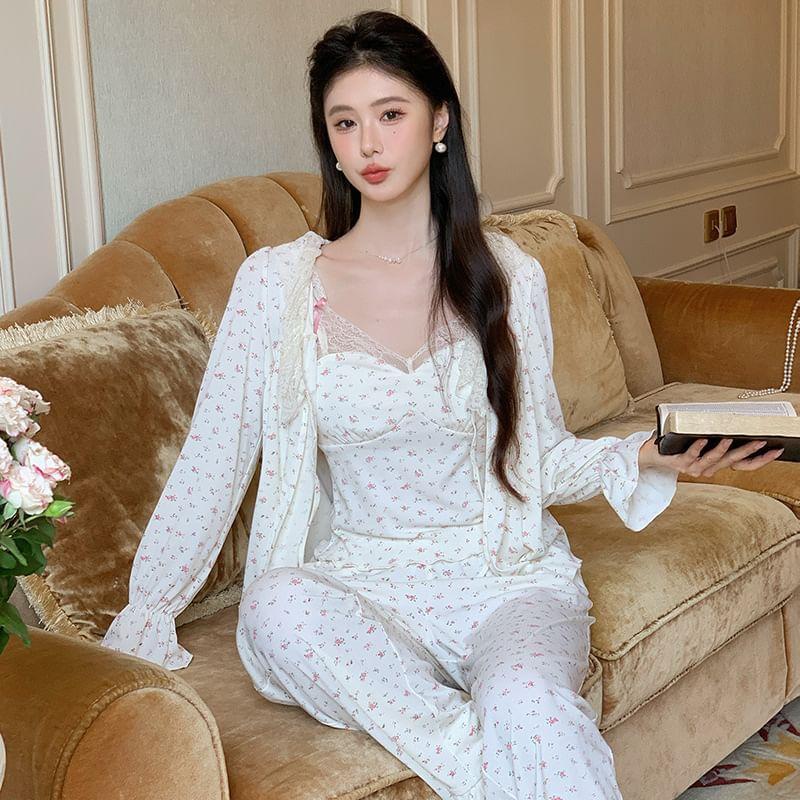 Pajama Set: Floral Lace Trim Camisole Top + Ruffle Pants + Shirt Product Image