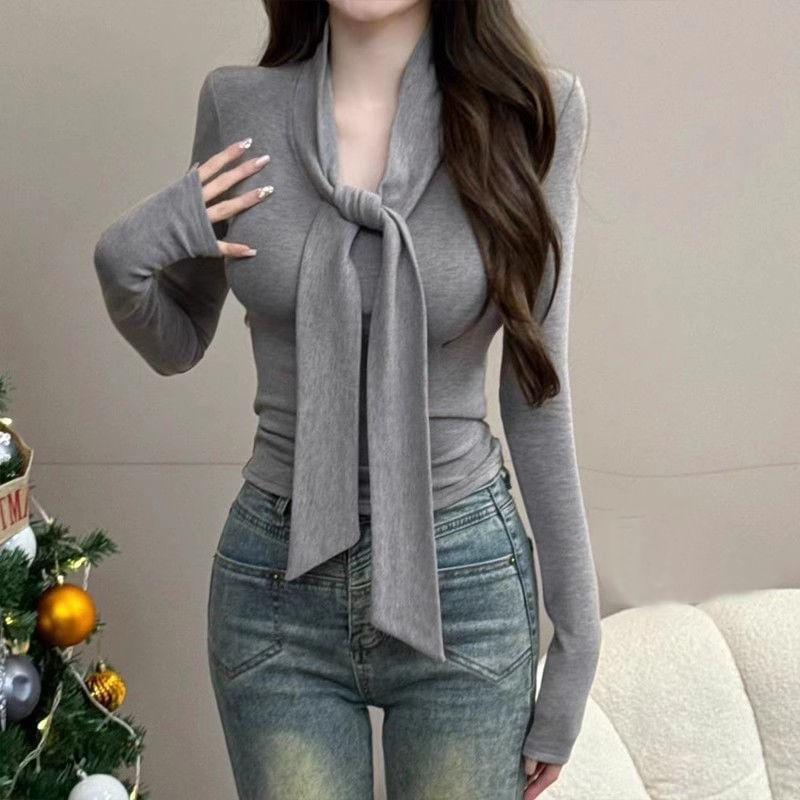 Long-Sleeve Tie Neck Plain Crop Top Product Image