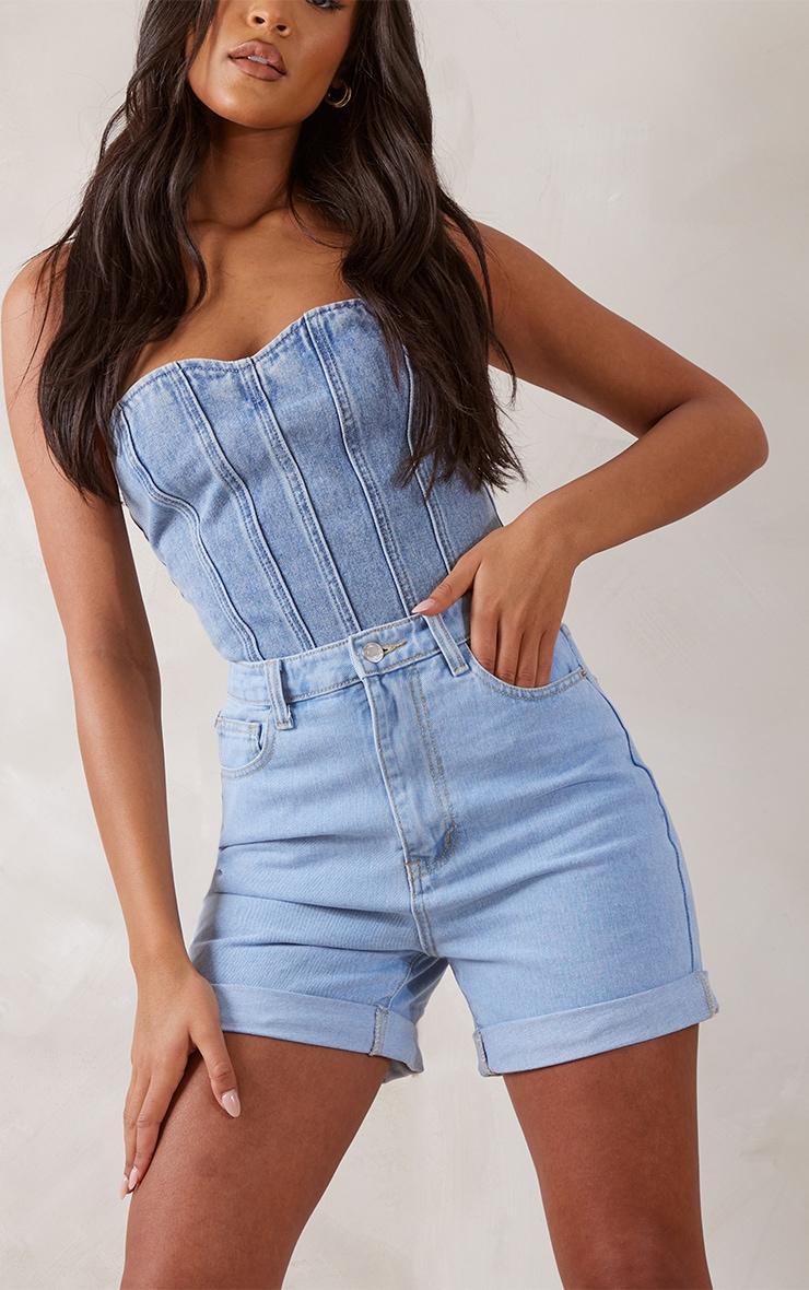 Tall Mid Blue Wash Turn Up Denim Shorts Product Image