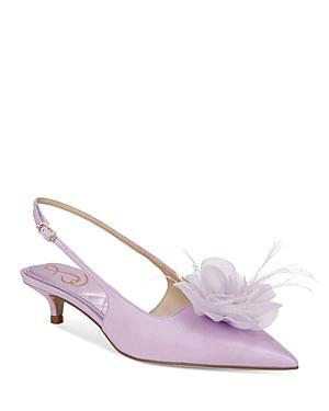 Sam Edelman Faye Satin Kitten Heel Slingback Sheer Flower and Feather Detail Pumps Product Image