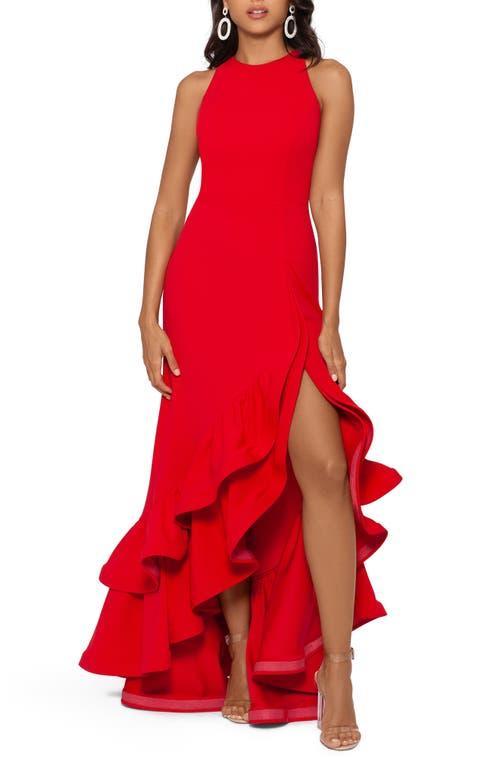 Betsy & Adam Ruffle Halter Crepe Gown Product Image