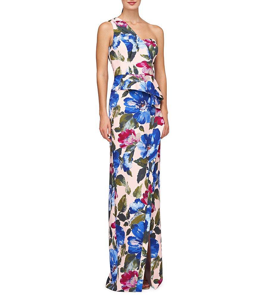 Kay Unger Floral Crepe One Shoulder Sleeveless Gown Product Image