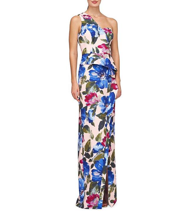 Kay Unger Floral Crepe One Shoulder Sleeveless Gown Product Image