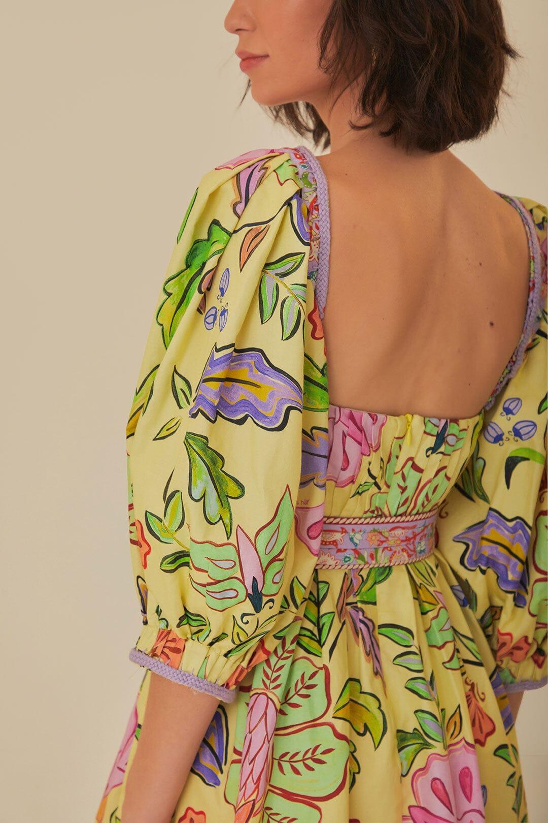 Yellow Floral Insects Short Sleeves Mini Dress Product Image