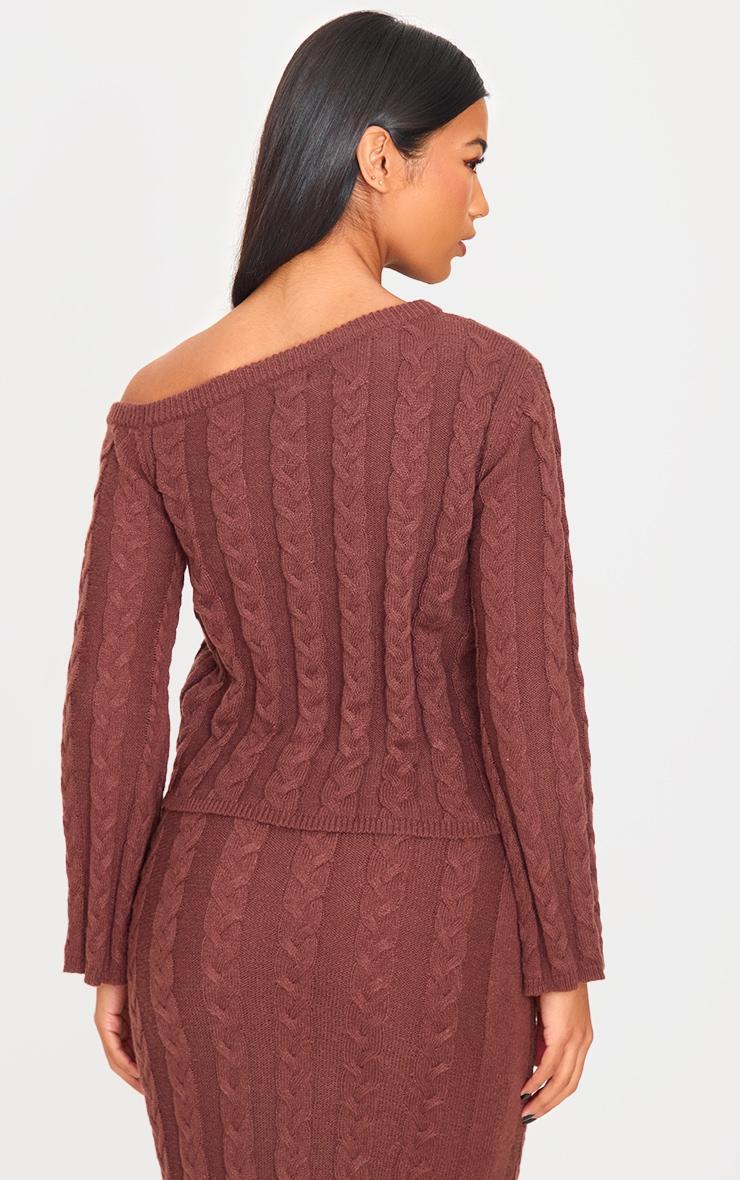 Chocolate Cable Knit Asymmetric Neckline Oversized Sweater Product Image