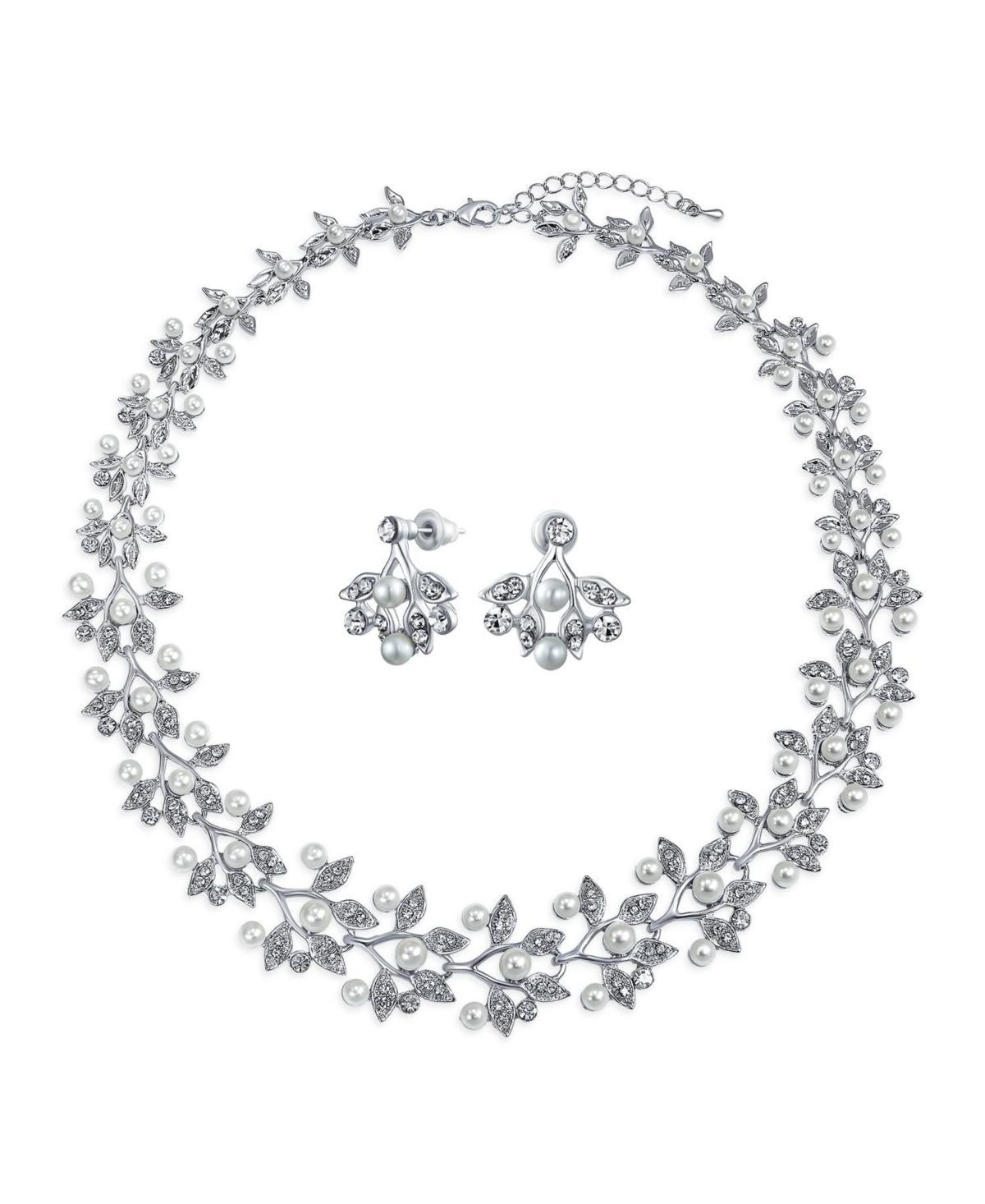 Bridal Large Fashion Vintage Style Leaves Leaf Motif Simulated White Pearl Cubic Zirconia Pave Cz Leaf Bib Statement Necklace Jewelry Set For Women Weddings Product Image