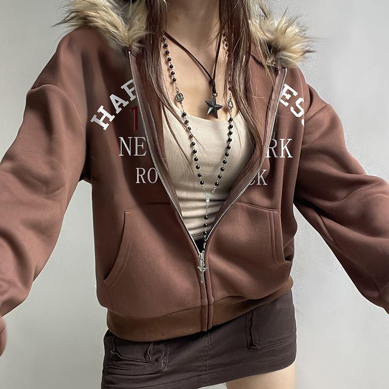 Fluffy Trim Lettering Zip Up Hoodie Product Image