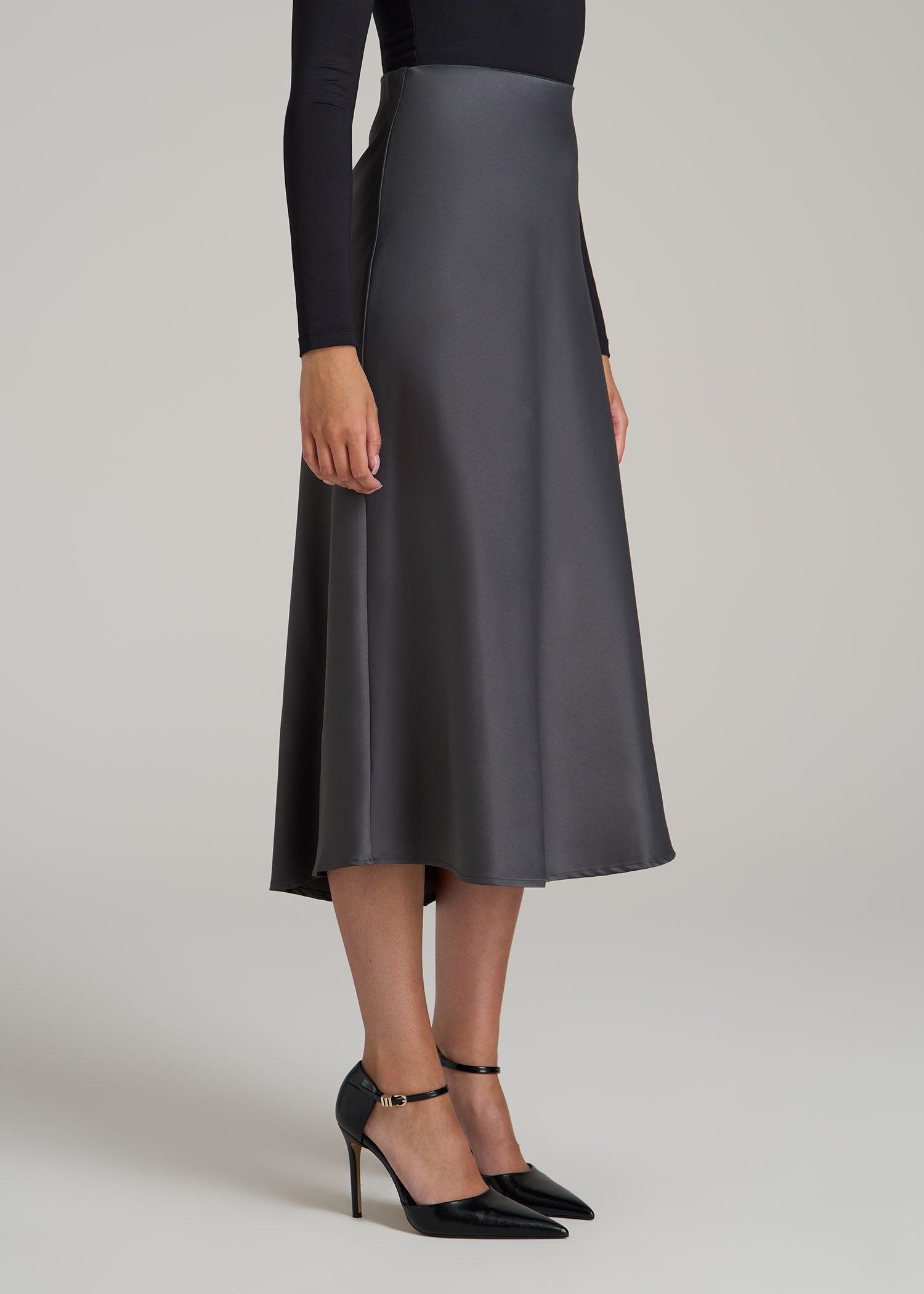 Pull-On Satin Midi Skirt for Tall Women in Charcoal Product Image