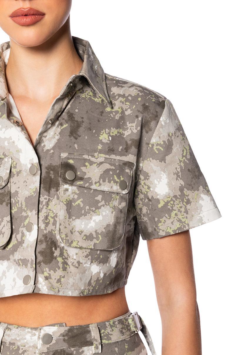 RUN THE WORLD CAMO CROPPED BUTTON DOWN Product Image