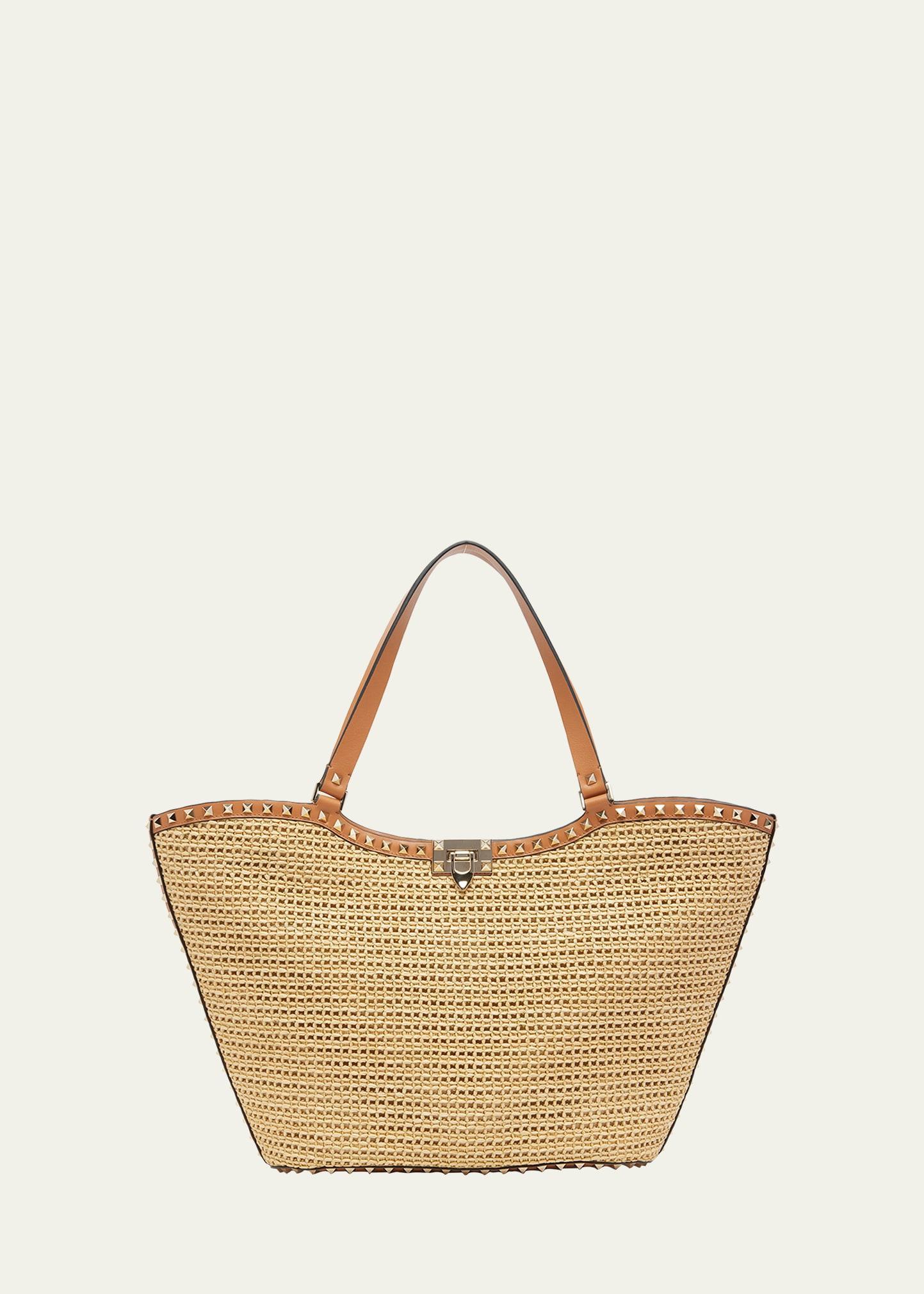 Womens Rockstud Woven Raffia Shopping Bag Product Image