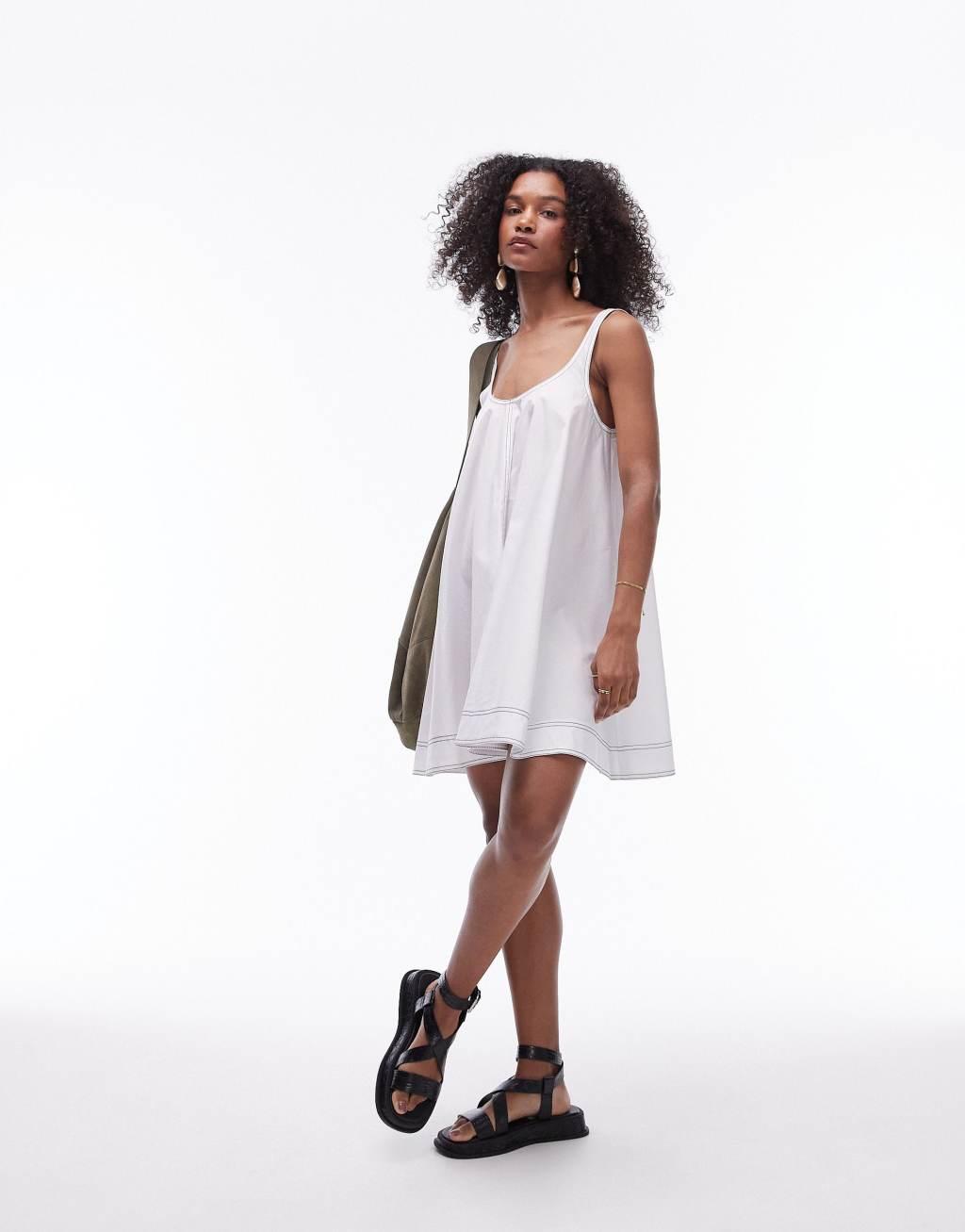 Topshop poplin trapeze mini dress with topstitch detail in white Product Image