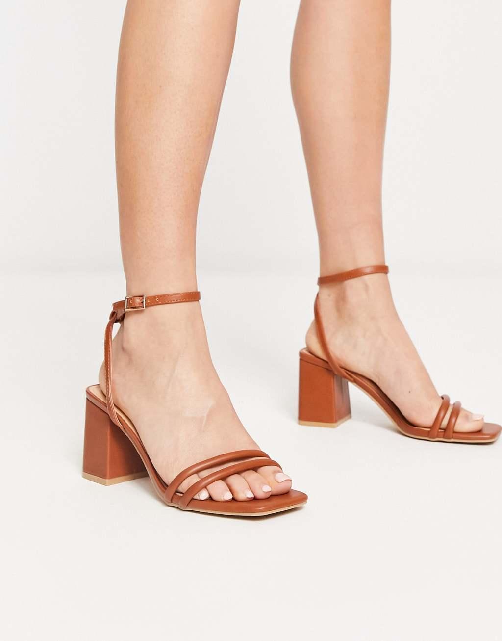 Truffle Collection square toe block heel sandals in tan Product Image