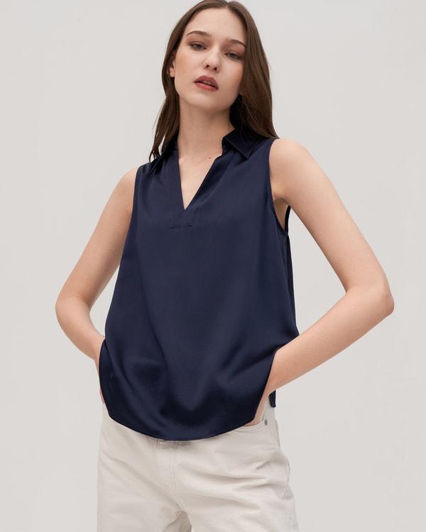 V-Neck Sleeveless Silk Violet Shirt For Women Product Image