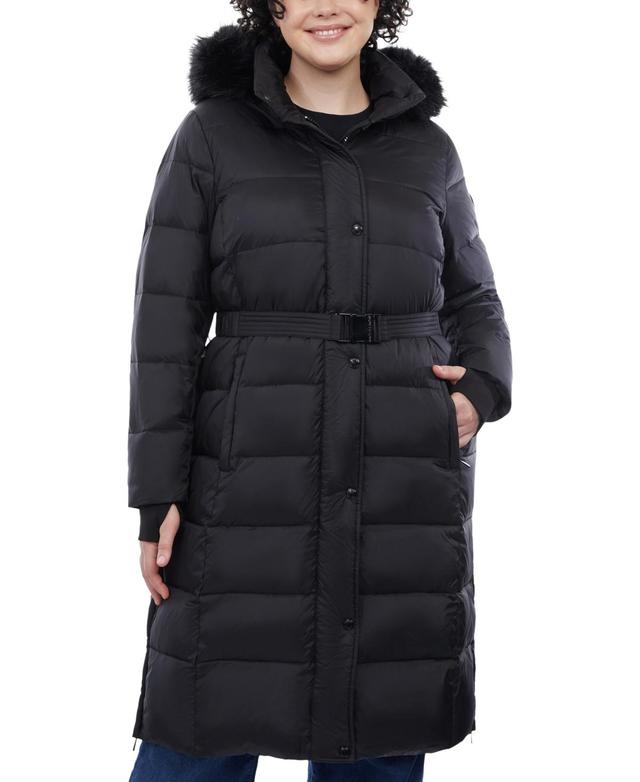 Michael Michael Kors Womens Plus Size Shine Belted Faux-Fur-Trim Hooded Puffer Coat Product Image