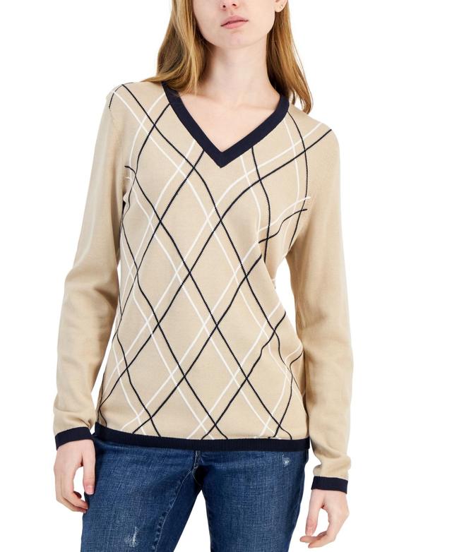 Tommy Hilfiger Womens Argyle V-Neck Sweater Red Product Image