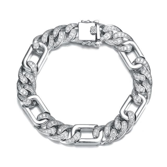 Mens Sterling Silver White Gold Plated with Iced Out Cubic Zirconia Oblong Curb Chain Bracelet Product Image