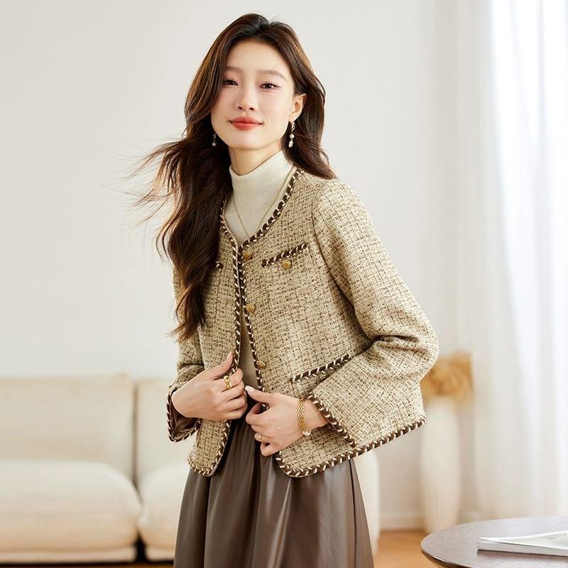 Round Neck Tweed Button Jacket Product Image