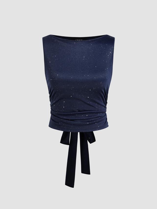 Boat Neck Solid Sequin Ruched Knotted Crop Tank Top Product Image