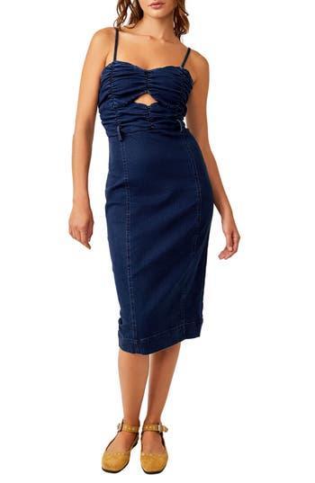 Serenity Ruched Denim Midi Dress In Blue Product Image