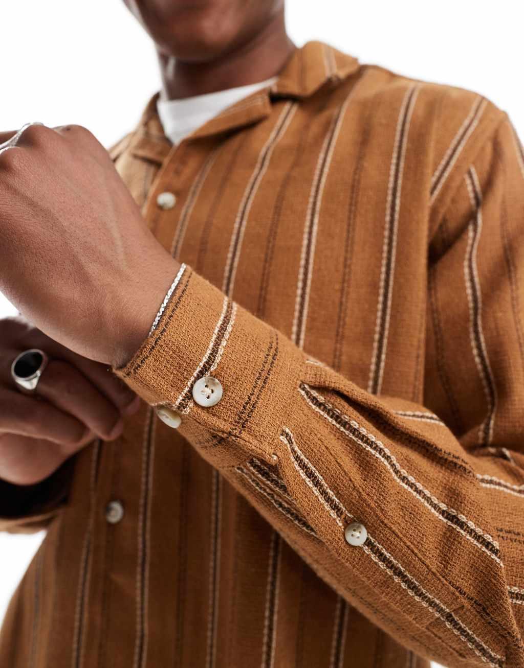 ONLY & SONS relaxed long sleeve shirt in light brown stripe Product Image