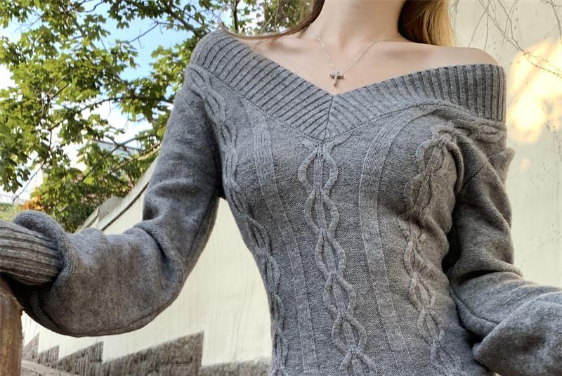 Off-Shoulder Plain Cable-Knit Sweater Product Image