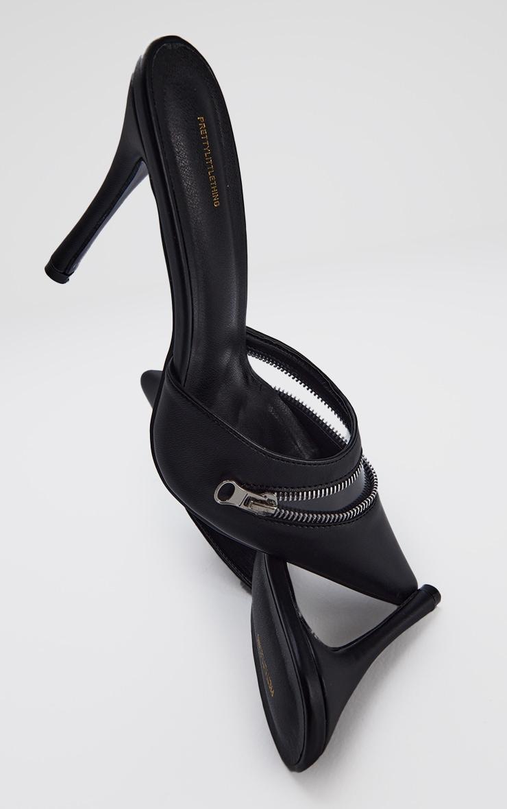 Black Pu Point Toe Zip Vinyl Detail High Stiletto Heeled Mules Product Image