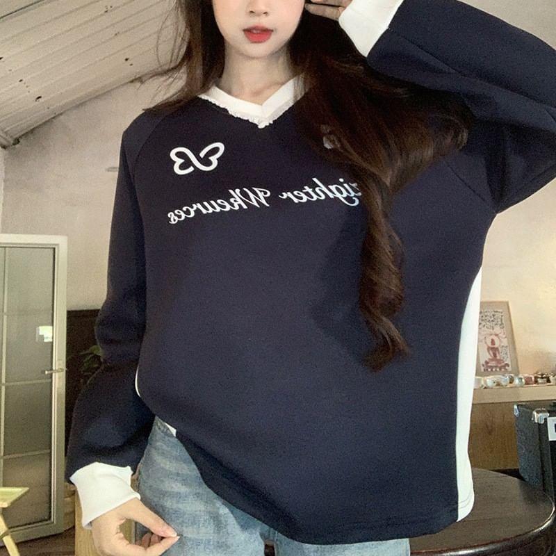 Long Sleeve V-Neck Lettering Print Color-Block Loose-Fit Pullover Product Image