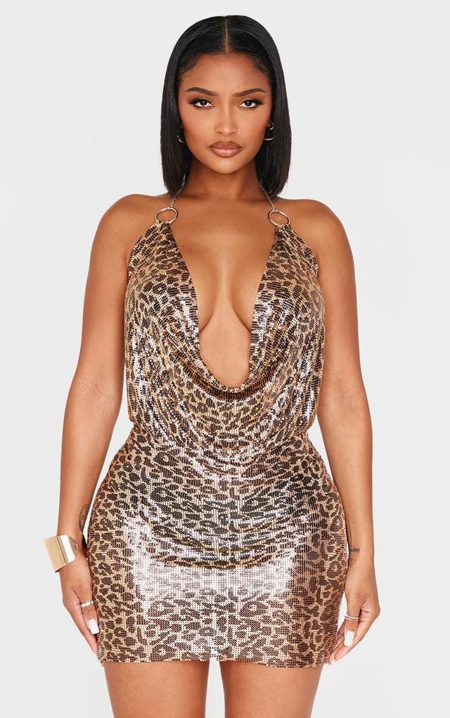 Shape Leopard Chainmail Cowl Halter Neck Mini Dress Product Image