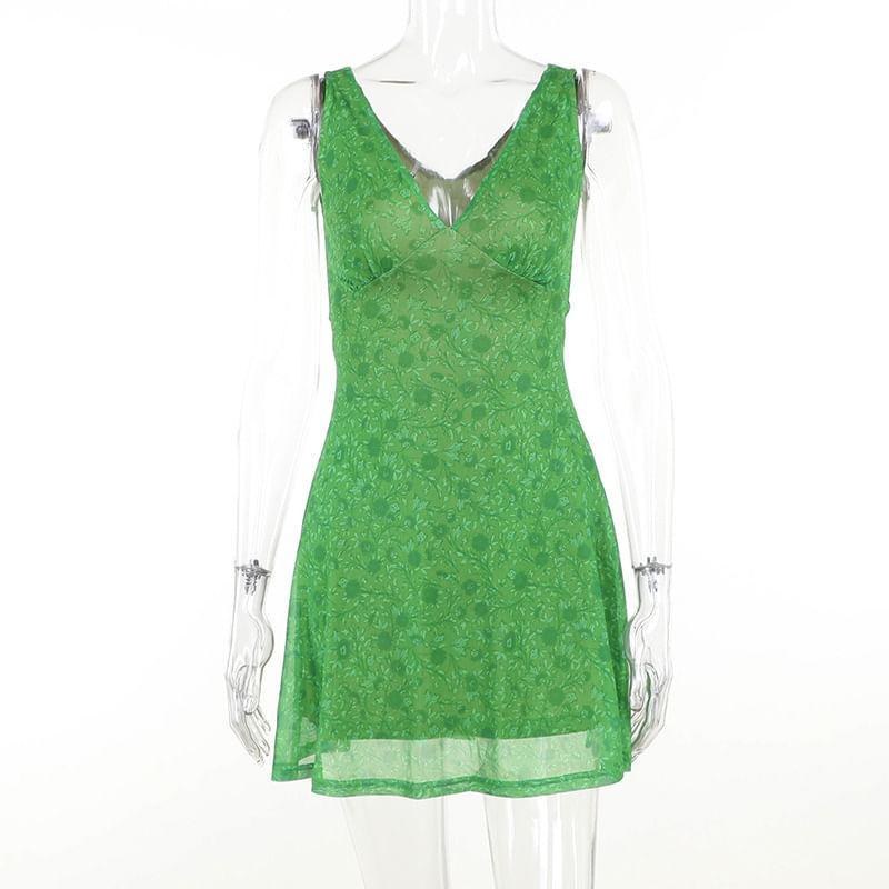 Sleeveless V-Neck Floral Mini A-Line Dress Product Image