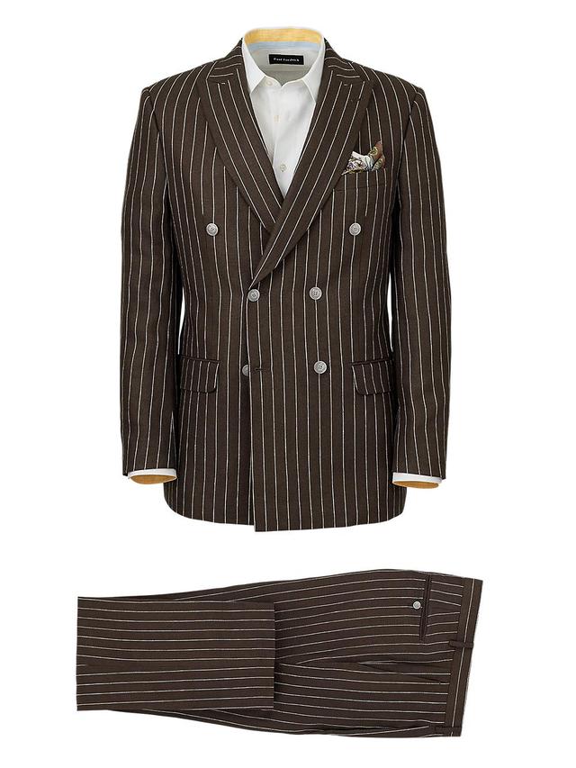 Linen Pinstripe Double Breasted Peak Lapel Suit - Dark Brown Product Image