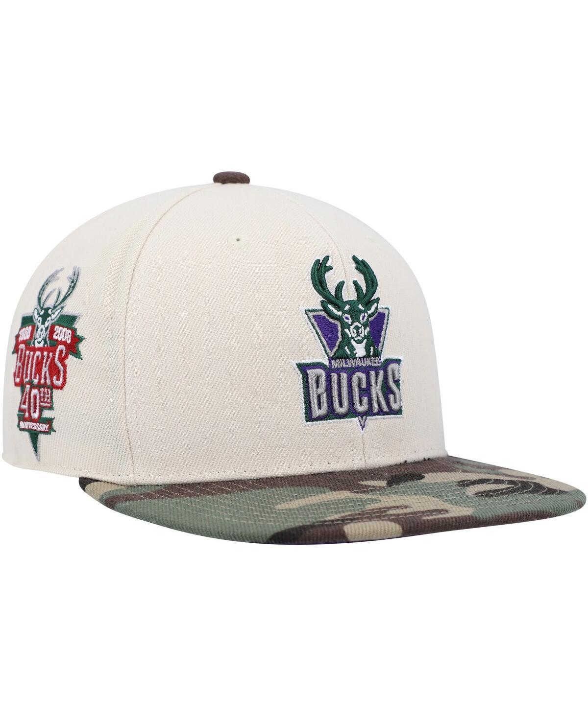 Mens Mitchell & Ness Cream/Camo Milwaukee Bucks Hardwood Classics 40th Anniversary Off White Camo Fitted Hat Product Image