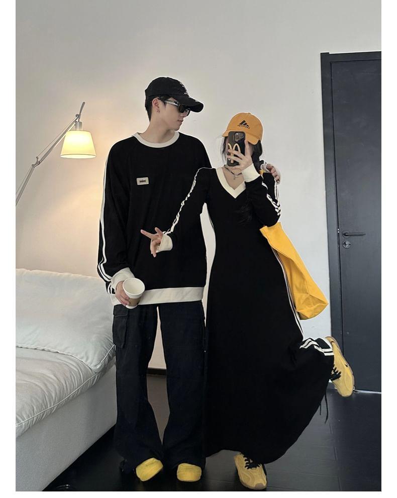 Couple Matching Crew Neck Striped Oversized Sweatshirt / Long-Sleeve V-Neck Maxi Sweatshirt Dress Product Image