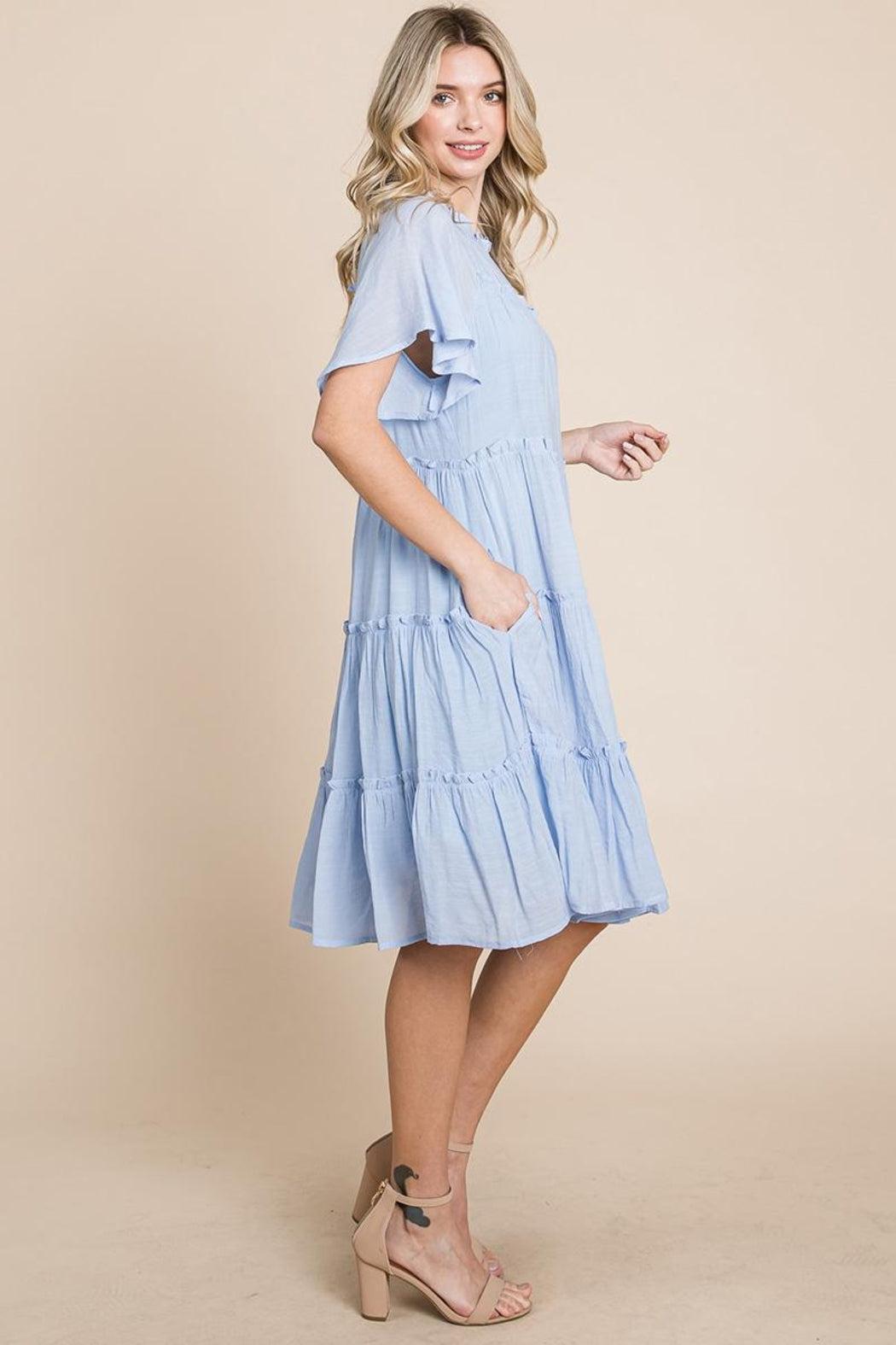 Tiered Babydoll Dress With Pockets Pink  Product Image