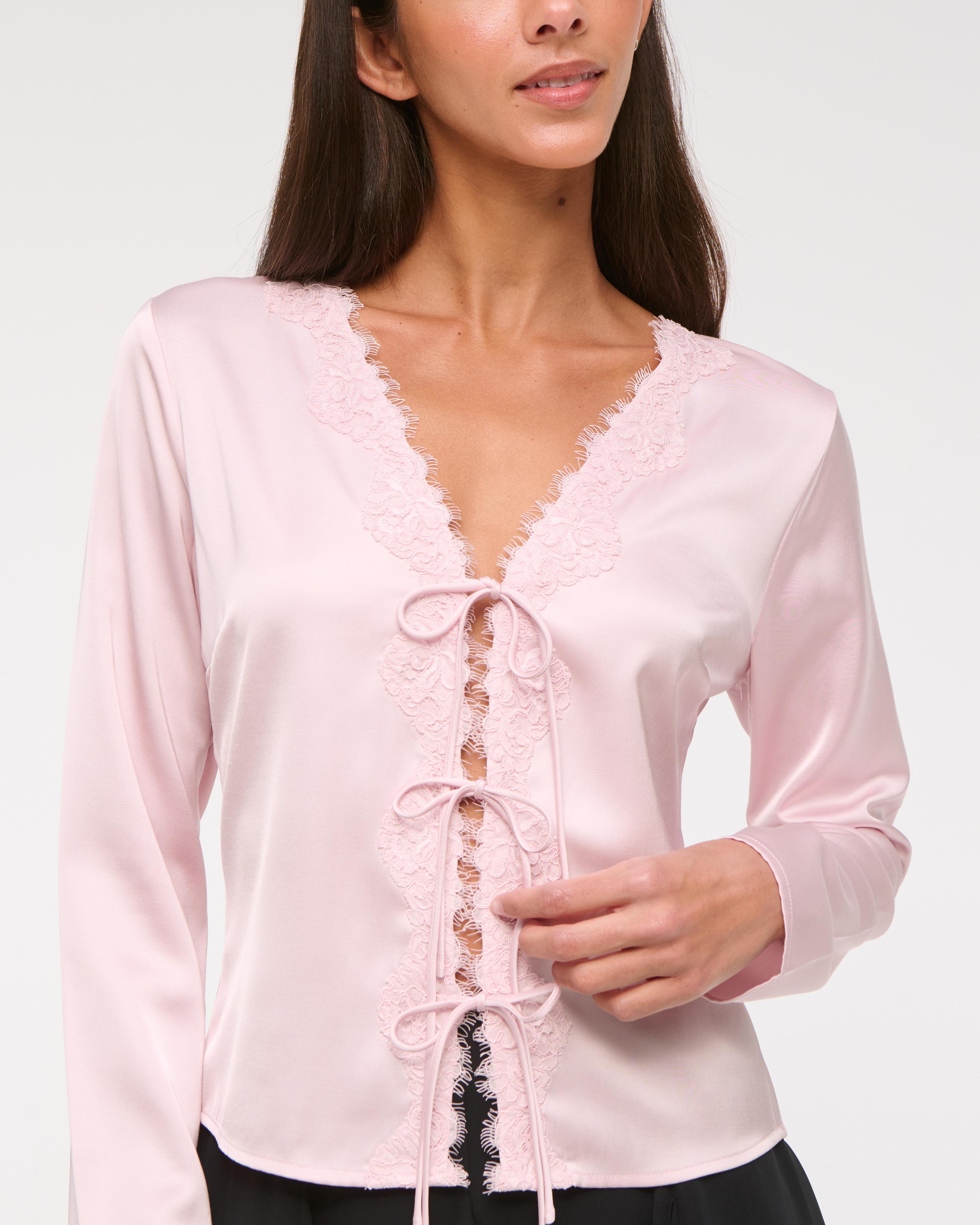 Long-Sleeve Lace-Trim Tie-Front Top Product Image