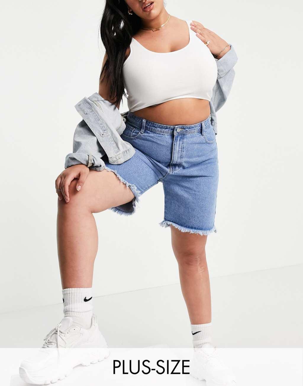 Missguided Plus long line denim shorts in blue product image