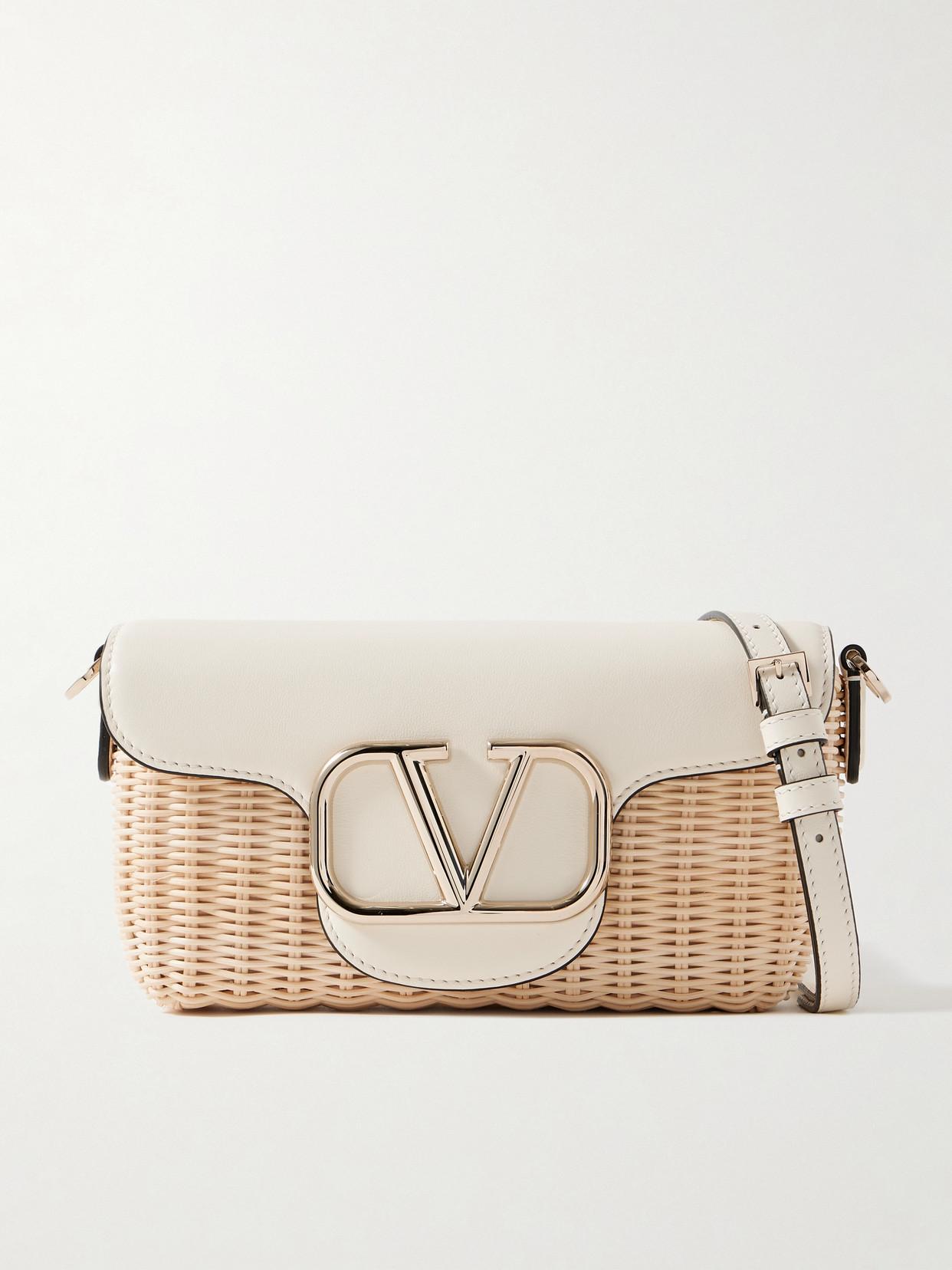 Locò Embellished Leather-trimmed Raffia Shoulder Bag In Neutrals Product Image