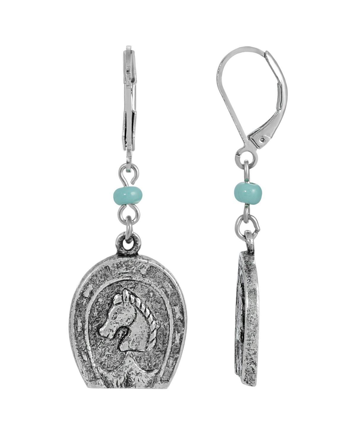 1928 Jewelry Pewter Turquoise Horseshoe Earrings Product Image