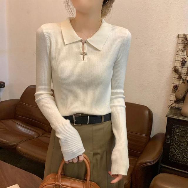 Long-Sleeve Collared Plain Ribbed Slim Fit Knit Top Product Image