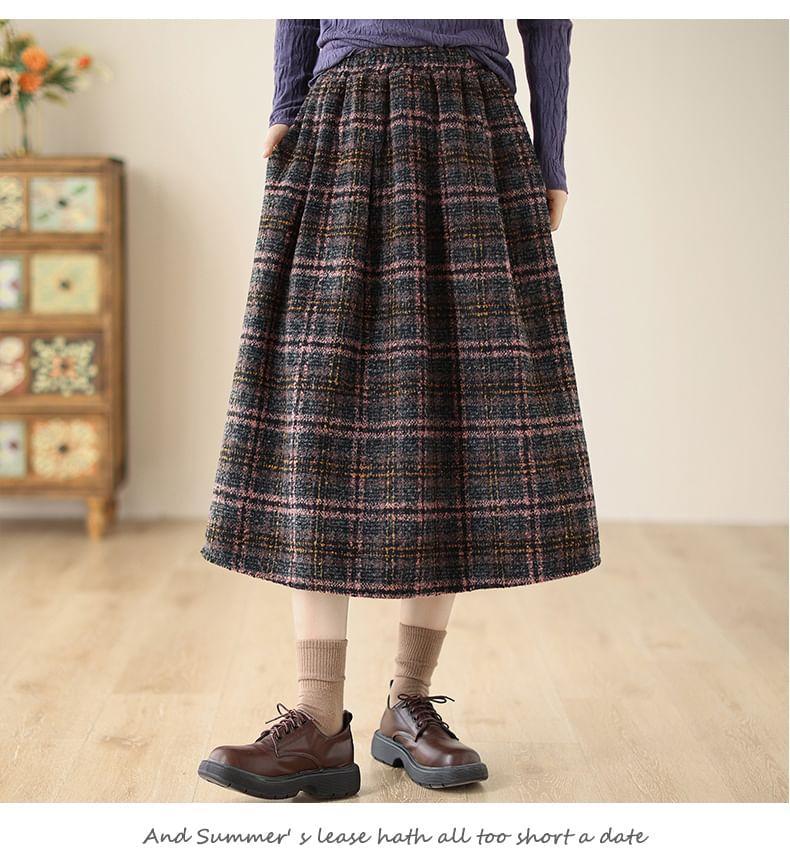 High Waist Plaid Midi A-Line Skirt Product Image