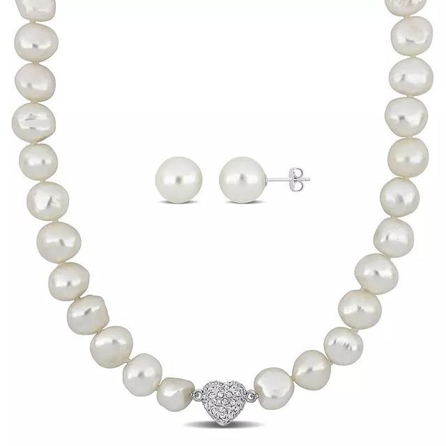 Stella Grace Freshwater Cultured Pearl & Cubic Zirconia Necklace & Stud Earrings Set, Womens Sterling Product Image