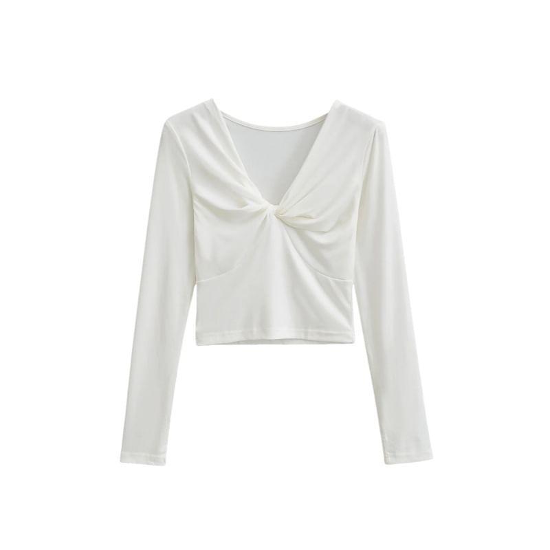 Long-Sleeve V-Neck Plain Twisted Slim Fit Crop Tee Product Image