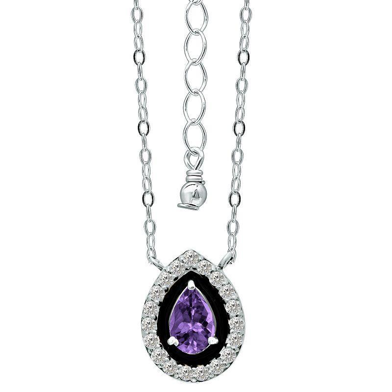 Aleure Precioso Sterling Silver Enamel & Cubic Zirconia Pear Shaped Halo Necklace, Womens Purple Product Image