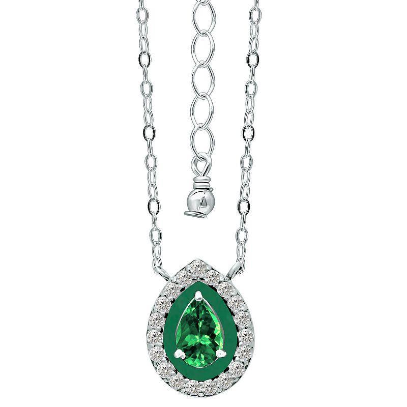 Aleure Precioso Sterling Silver Enamel & Cubic Zirconia Pear Shaped Halo Necklace, Womens Green Product Image