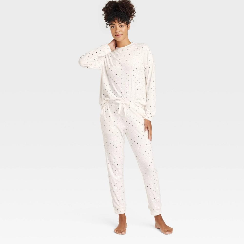 Womens Polka Dot Minky Fleece Pullover Top and Joggers Pajama Set - Auden Cream S Product Image