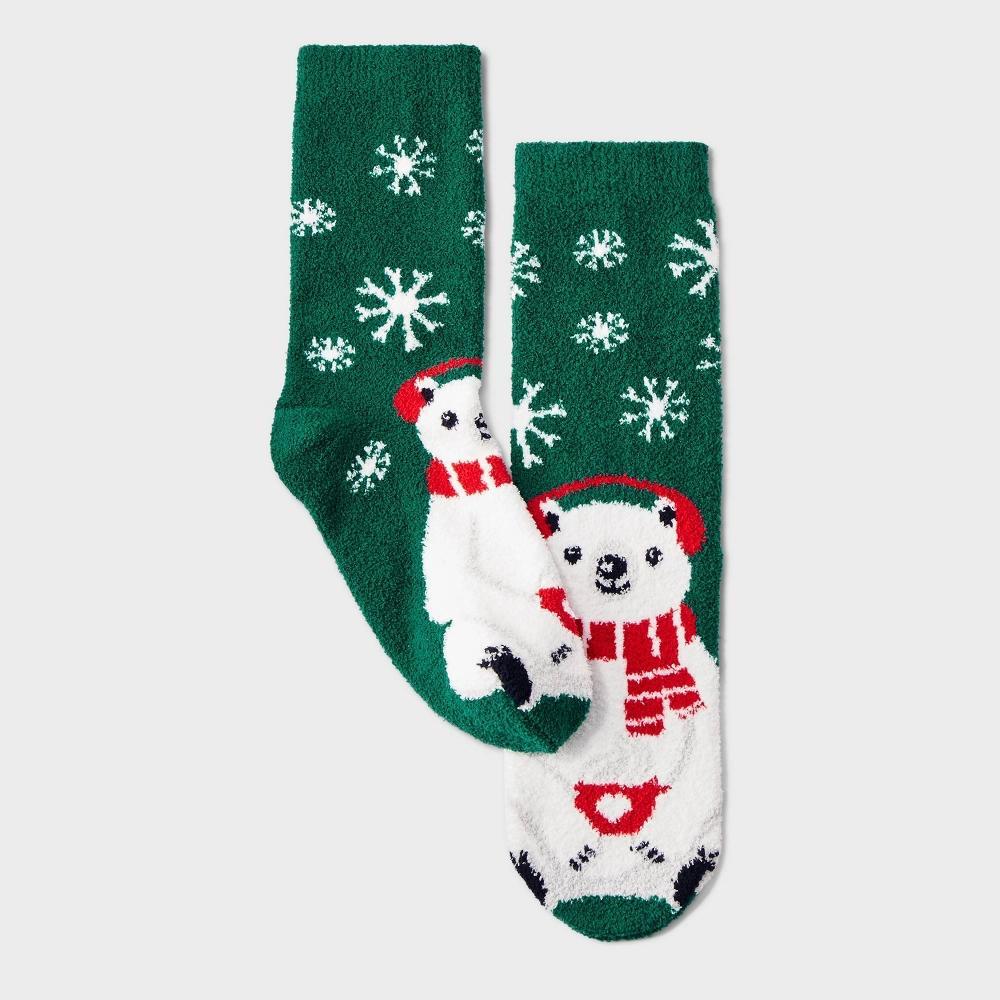 Women's Winter Polar Bear Cozy Christmas Crew Socks with Gift Card Holder - Wondershop™ Dark Green 4-10 Product Image